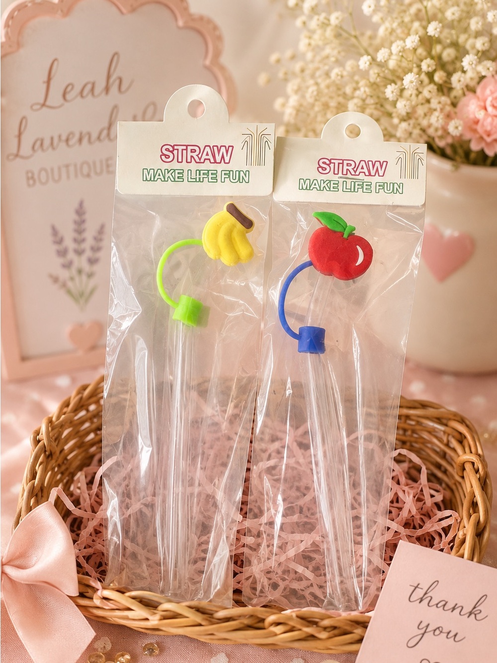 Two pack🍎glass straws with fruit toppers